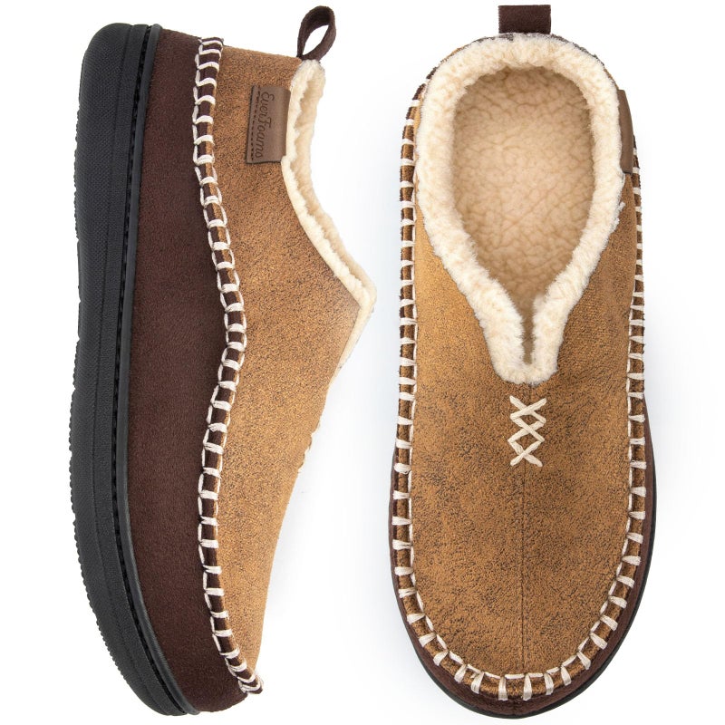 EverFoams Men's Moccasin Slippers Memory Foam Indoor/Outdoor Warm Suede House Shoes with Fuzzy Sherpa Lining (Tan, Size 11 M US) - Image 1